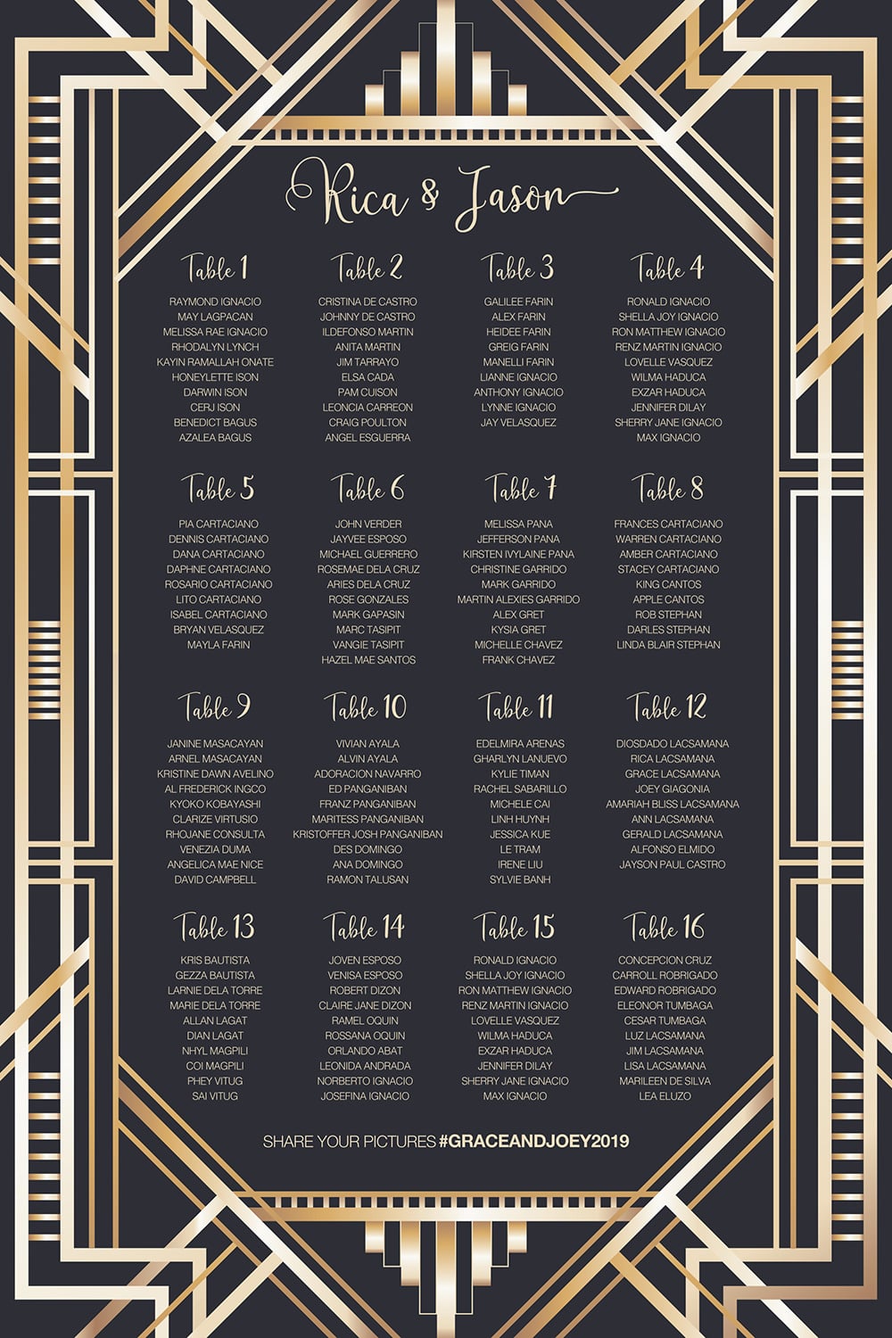 Gatsby 1920's Art Deco Wedding Table Seating Plan Chart Print Canvas Place Cards 