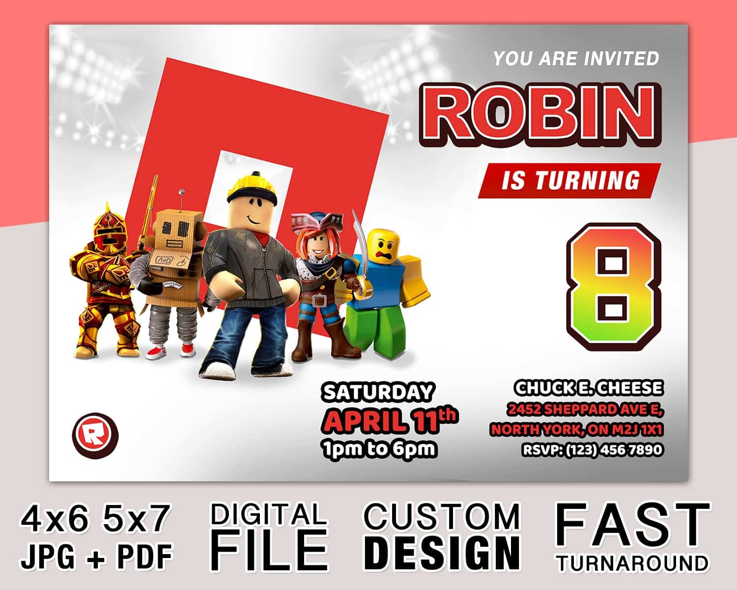 2 Designs Roblox Personalised Party Invitations Pack of 10 